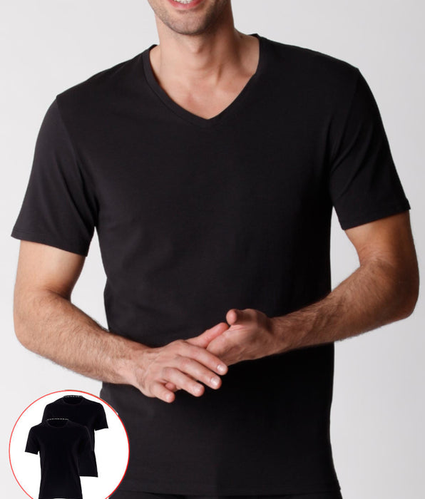 Lovable Men's organic cotton V-neck T-shirt, pack of 2, black