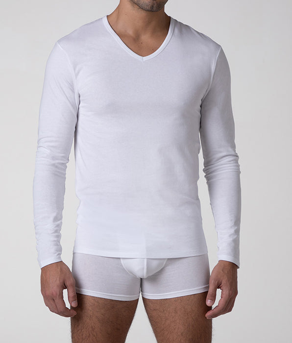 Lovable Cool Sensation Long Sleeve V-Neck Sweater in Stretch Cotton, white