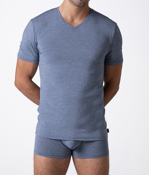 Lovable Micromodal Fil a Fil V-neck T-shirt, light blue jacquard