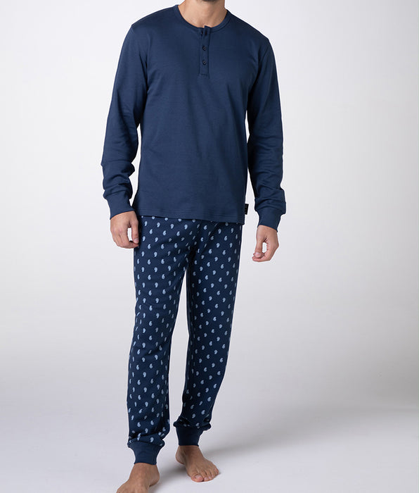Lovable Serafino Interlock Long Sleeve Pajamas, Navy Blue