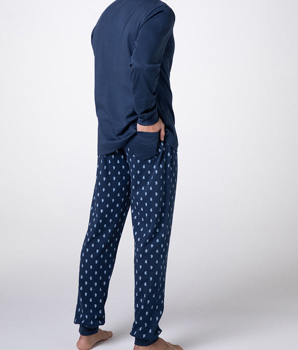 Lovable Serafino Interlock Long Sleeve Pajamas, Navy Blue