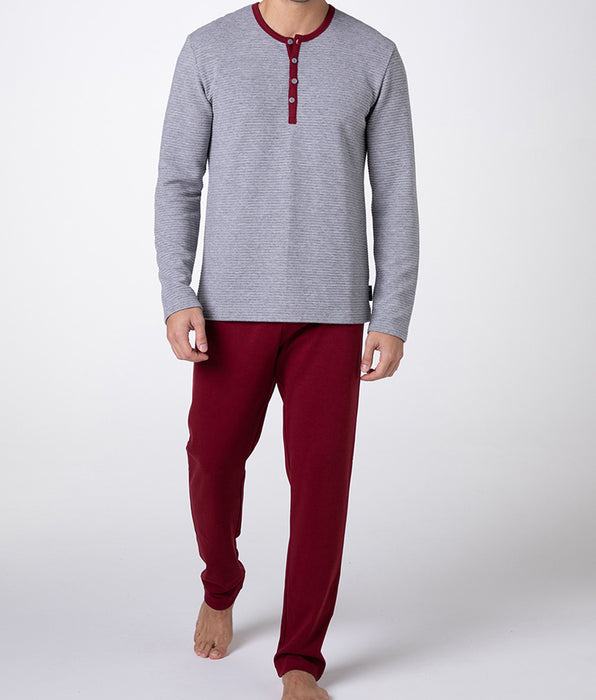 Lovable Pigiama Lungo Collo Serafino Warm Fabric e Interlock, grigio melange e bordeaux
