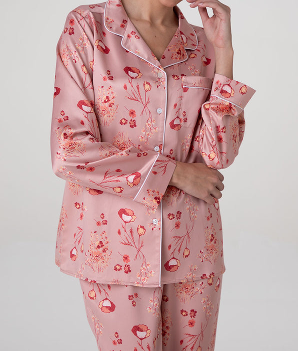 Lovable Printed Satin Long Pajama Set, rose terracotta