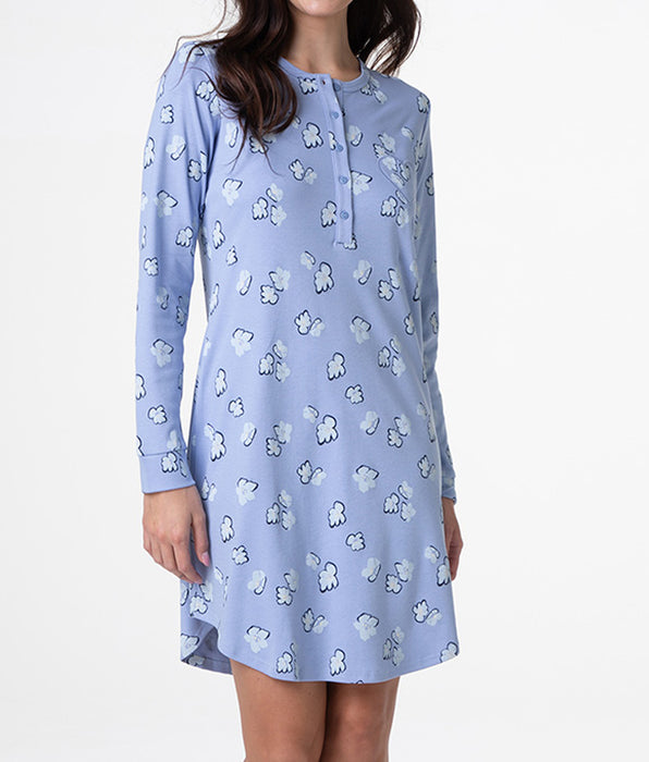 Lovable Serafino Long Sleeve Interlock Nightgown, powder blue print