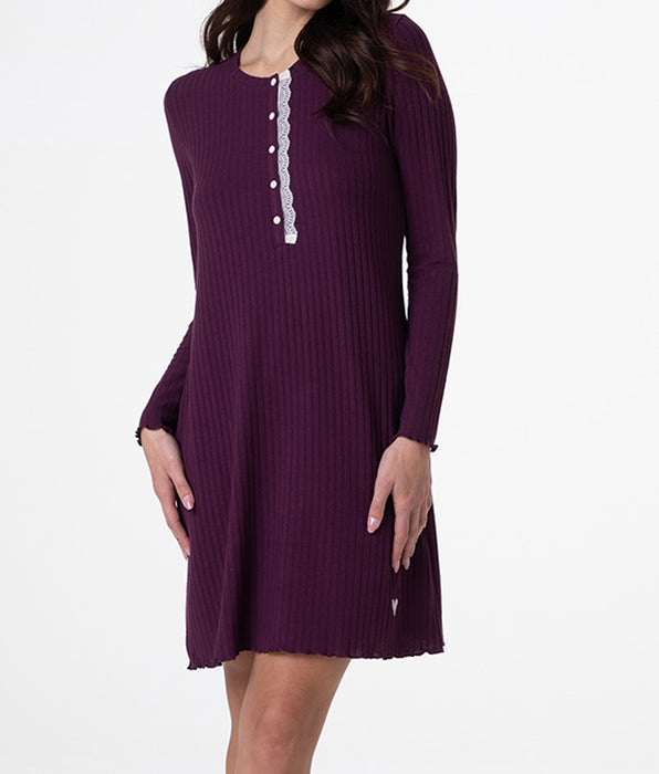Lovable Serafino Long Sleeve Ribbed Nightgown, burgundy
