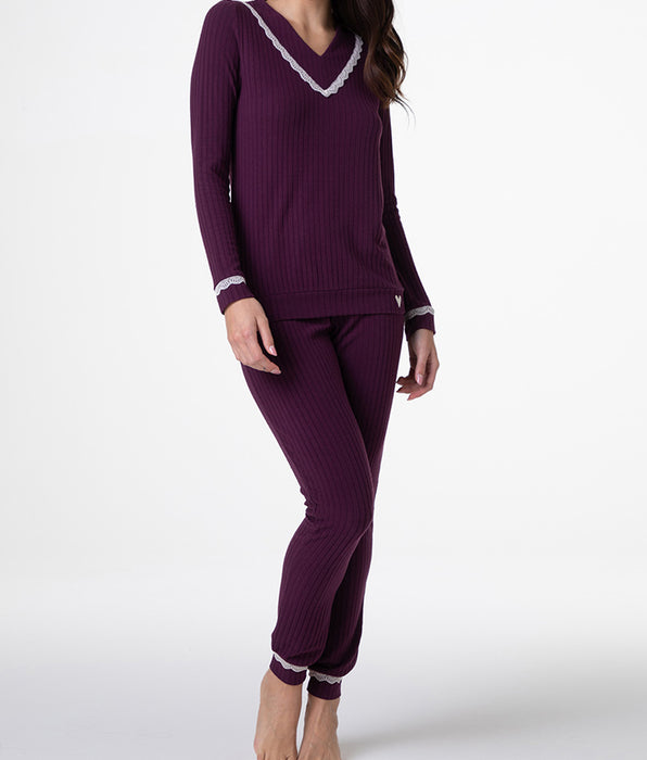 Lovable Long ribbed V-neck pajamas, burgundy