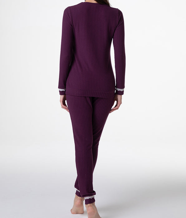 Lovable Long ribbed V-neck pajamas, burgundy