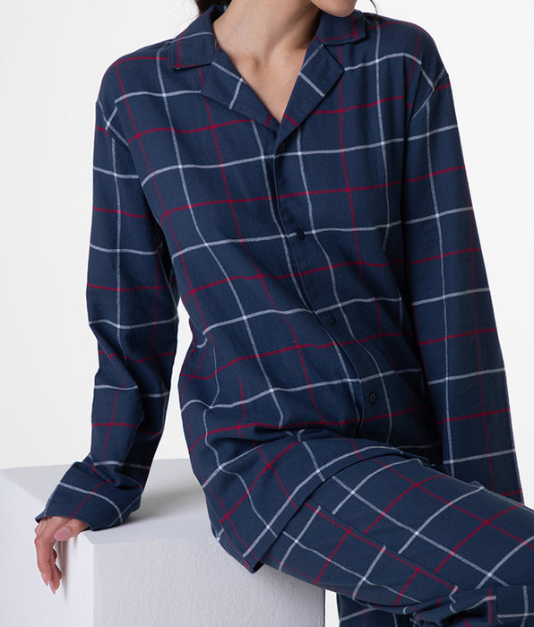 Lovable Unisex long open flannel pajamas, blue check