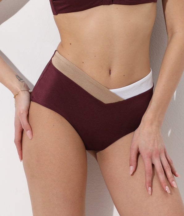 Lovable High-Waist Bikini Bottom Shiny Colour Block, burgundy white bronze