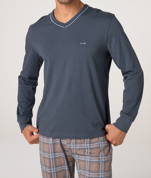 Lovable Long V-neck Jersey Pajamas, Dark Gray