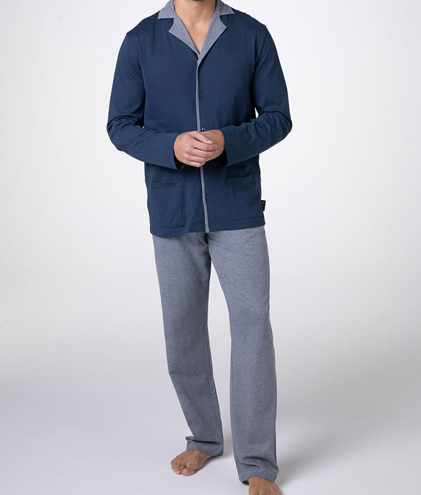 Lovable Long Open Jersey Pajamas, Navy Blue