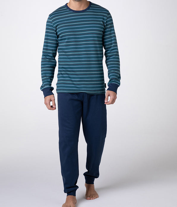 Lovable Long Interlock Crew Neck Pajamas, Green Stripes