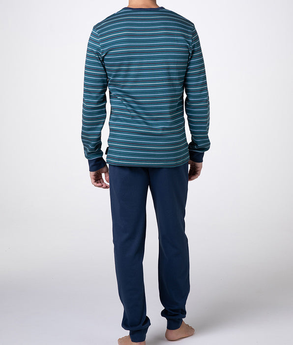 Lovable Long Interlock Crew Neck Pajamas, Green Stripes