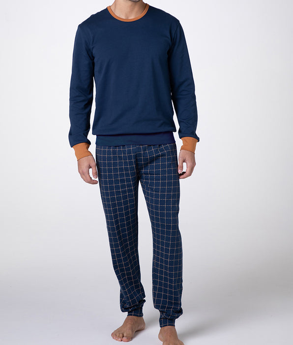 Lovable Long Interlock Crew Neck Pajamas, Navy Blue