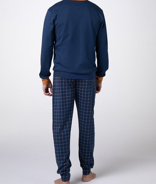 Lovable Long Interlock Crew Neck Pajamas, Navy Blue