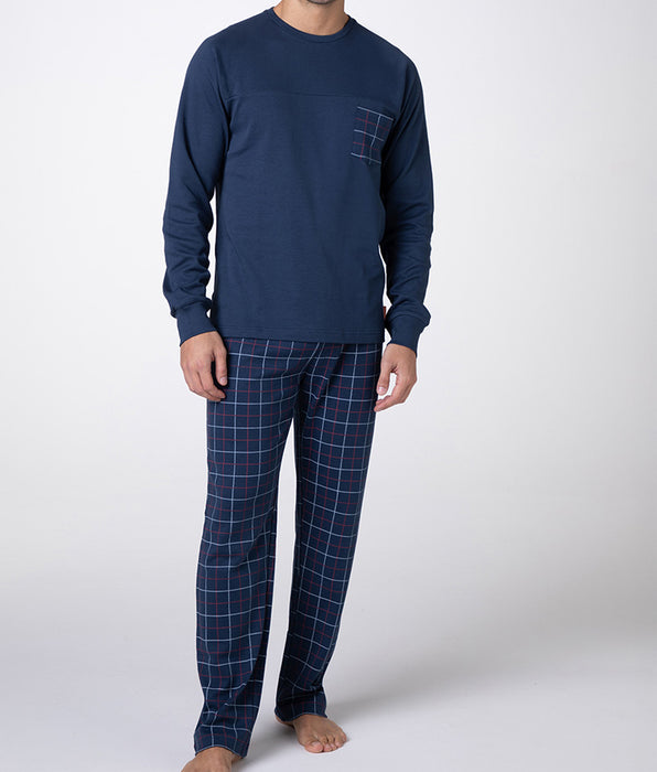 Lovable Long Interlock Crew Neck Pajamas, Navy Blue