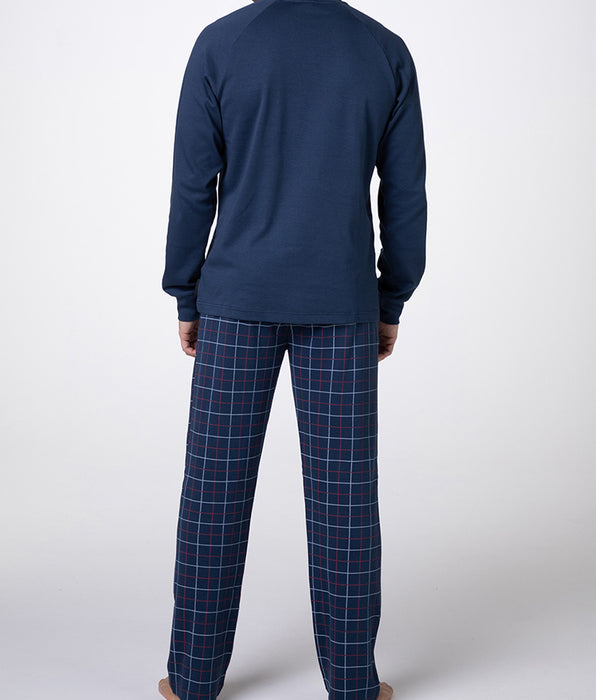 Lovable Long Interlock Crew Neck Pajamas, Navy Blue