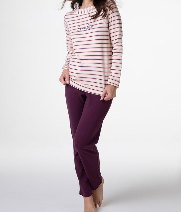 Lovable Long Interlock Pajamas, Ivory, Pink, and Burgundy Stripes