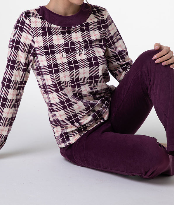 Lovable Long Micropile Pajamas, burgundy tartan
