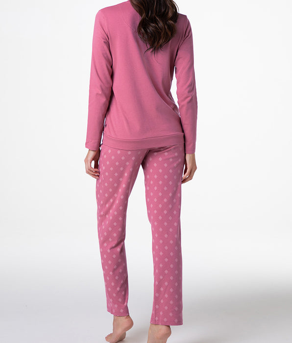 Lovable Long Interlock Crew Neck Pajamas, Blush Pink