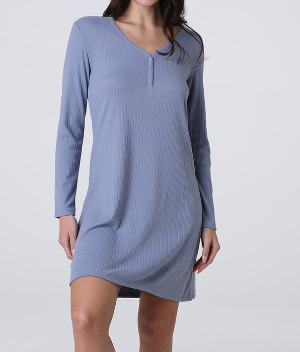 Lovable V-Neck Long Sleeve Ribbed Nightgown, Air Force Blue