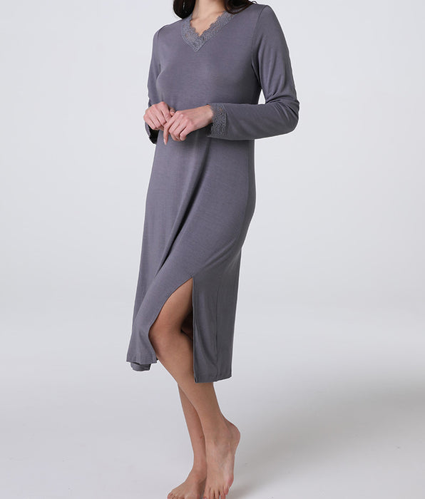 Lovable Elegant Modal Long Nightgown with V-neck, charcoal gray