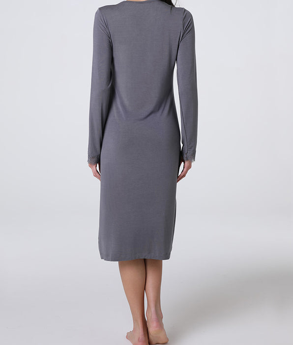 Lovable Elegant Modal Long Nightgown with V-neck, charcoal gray