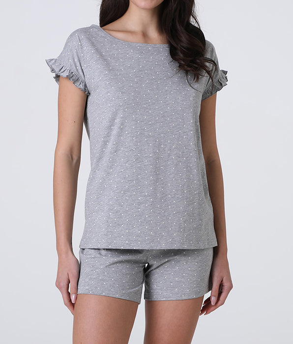 Lovable Short Jersey Pajamas, heather gray with polka dots