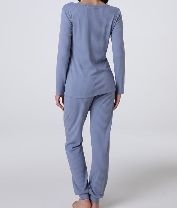 Lovable Long Ribbed V-Neck Pajamas, Air Force Blue