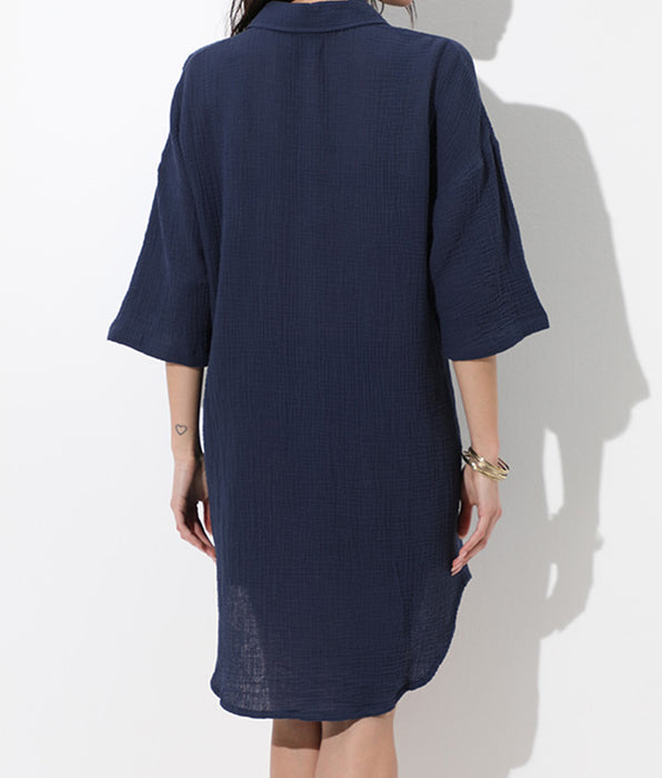 Lovable 3/4 Sleeve Shirt Dress in Woven Cotton, Night Blue