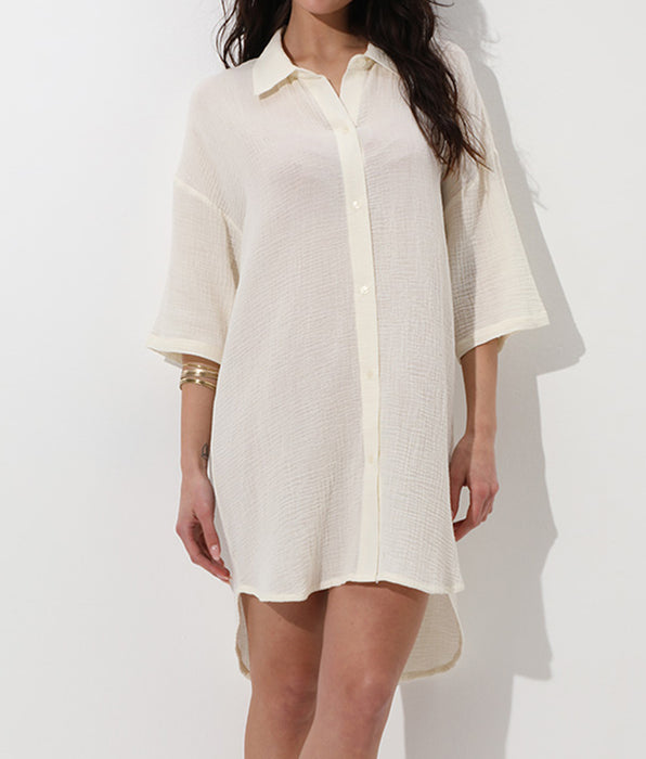 Lovable 3/4 Sleeve Shirt Dress in Woven Cotton, Silk White