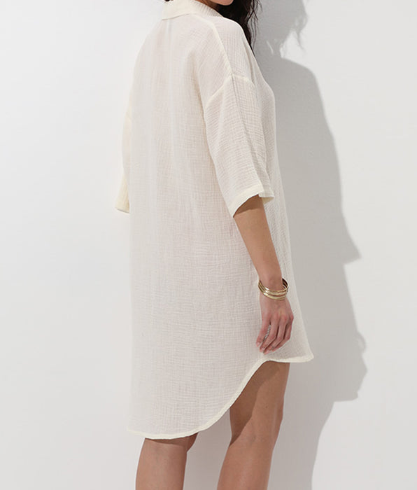 Lovable 3/4 Sleeve Shirt Dress in Woven Cotton, Silk White