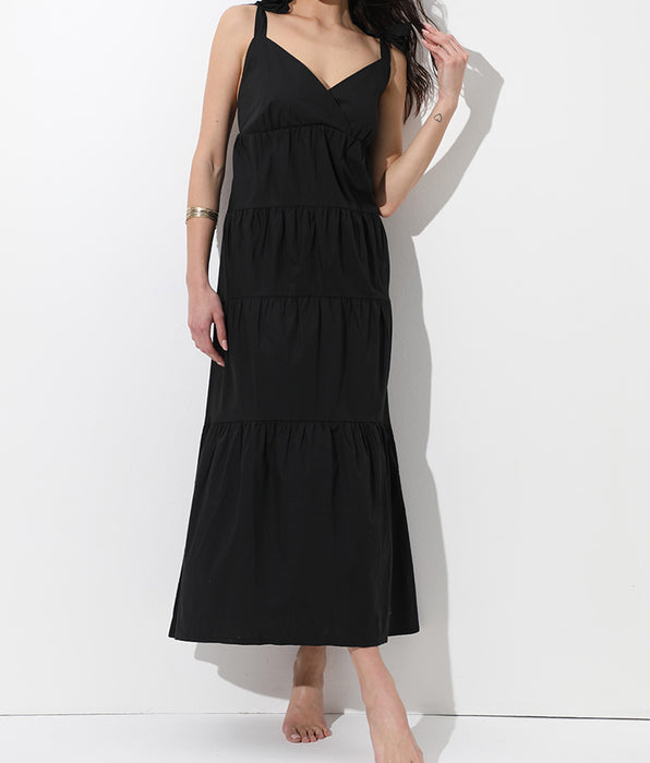 Lovable Long Cotton Dress with Straps, black