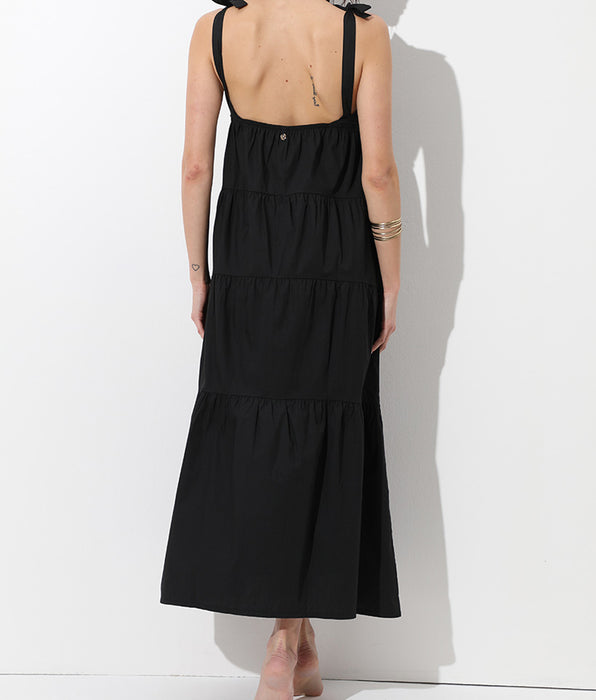 Lovable Long Cotton Dress with Straps, black