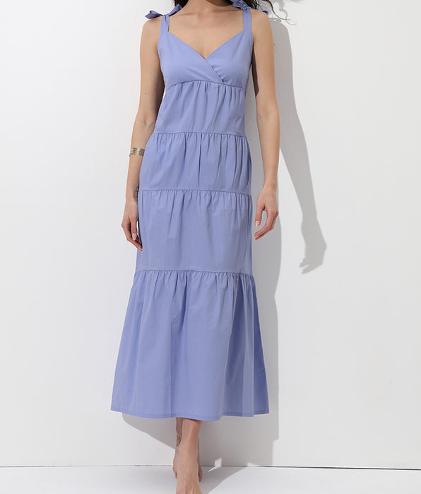 Lovable Long Cotton Dress with Straps, lilac powder blue