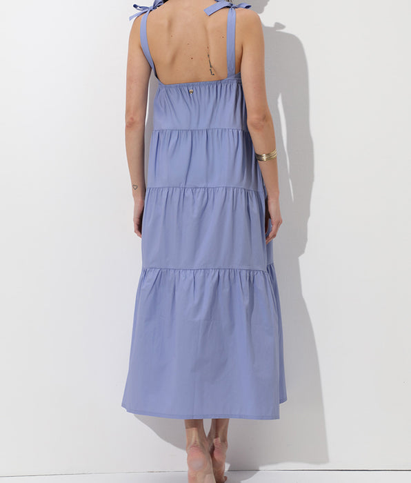 Lovable Long Cotton Dress with Straps, lilac powder blue