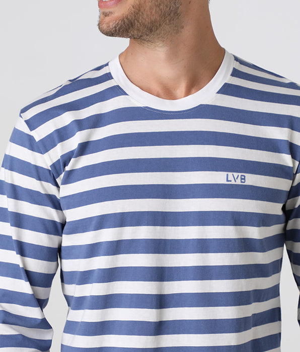 Lovable Long-sleeved crew neck jersey pajamas, ivory and blue stripes