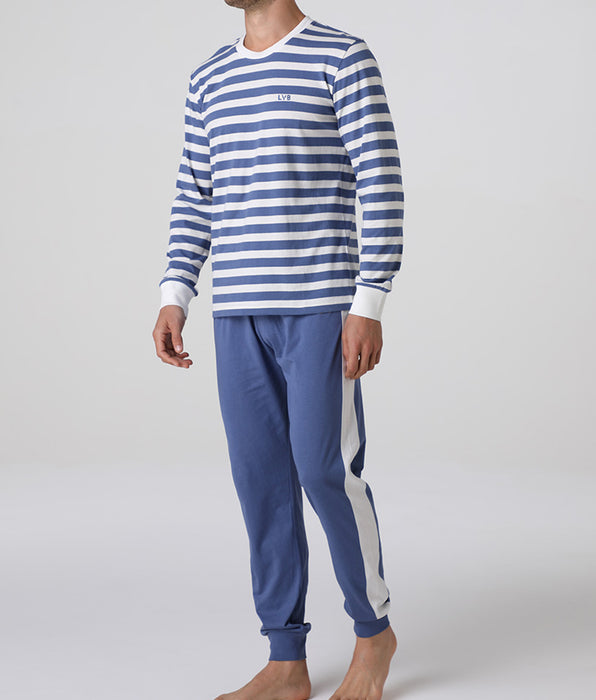 Lovable Long-sleeved crew neck jersey pajamas, ivory and blue stripes