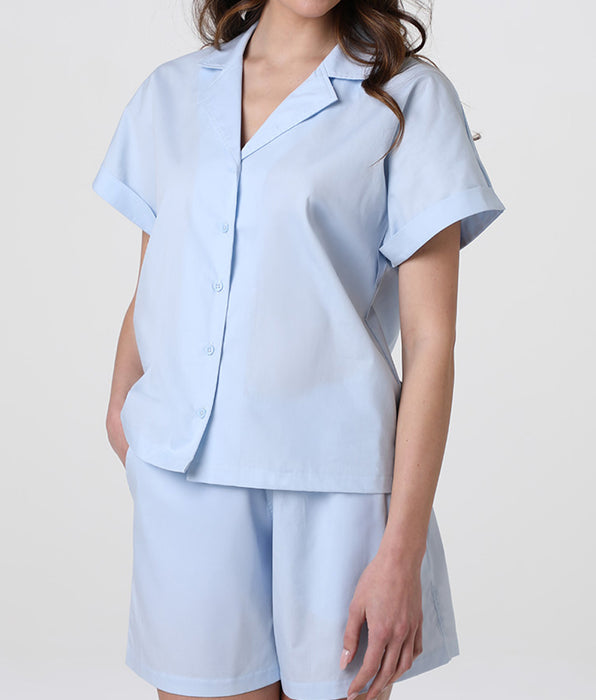 Lovable Short Button-Through Pyjamas in Cotton Woven, Light Blue