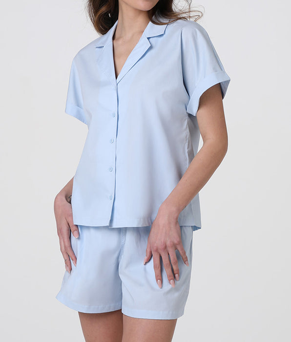 Lovable Short Button-Through Pyjamas in Cotton Woven, Light Blue