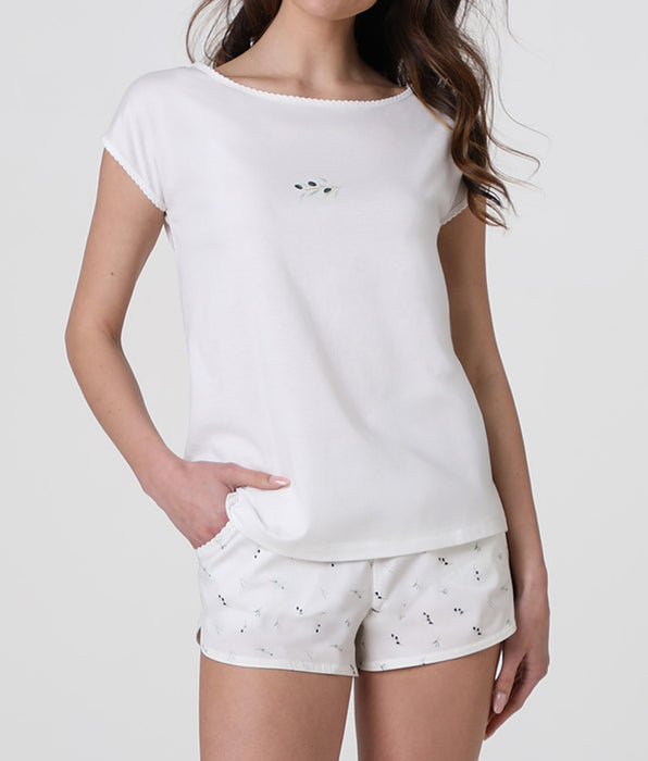 Lovable Short-sleeved pajamas in jersey and viscose canvas, milk white