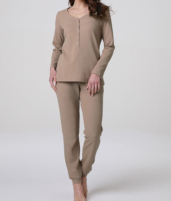 Lovable Long waffle fabric pajamas, coffee latte