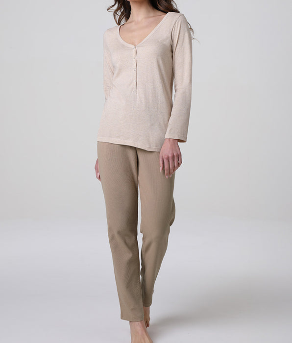 Lovable Long jersey and waffle jersey pajamas, cappuccino