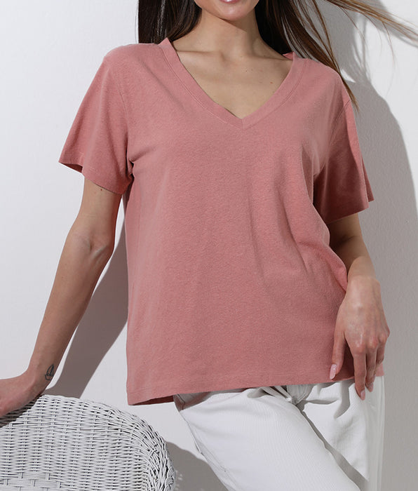 Lovable Short-sleeved V-neck sweater in cotton and linen, powder pink
