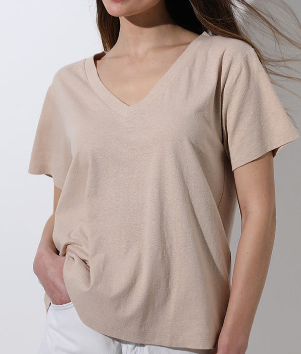 Lovable Short-sleeved V-neck sweater in cotton and linen, cappuccino