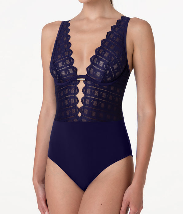 Lovable L'Allure underwired bodysuit in lace and microfiber, dark purple