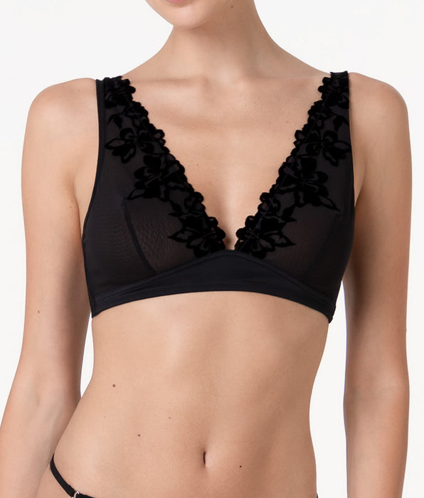 Lovable Wireless V-Cup Bra Velvet Embroidery in tulle and velvet, black