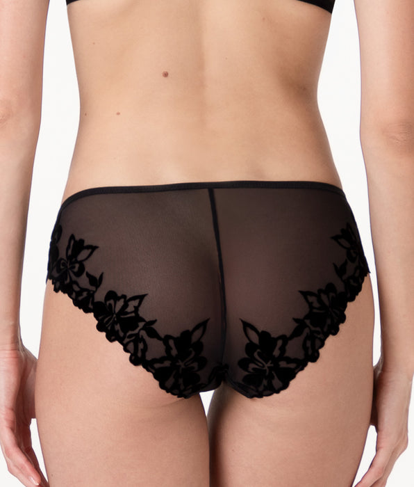 Lovable Velvet Embroidery Midi Briefs in microfiber and tulle, black
