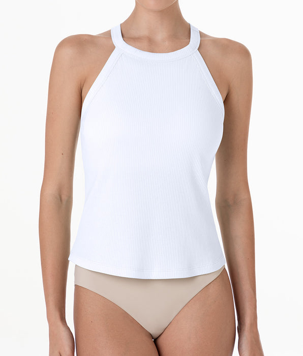 Lovable Ribbed cotton tank top with padded cups and halter neckline, white