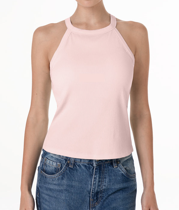 Lovable Ribbed cotton tank top with padded cups and halter neckline, powder pink